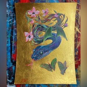 Snake dragon Original painting blue surrealism art  handmade nature decor EAEH